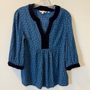 Boden Blue Floral Print Velvet Trim Blouse Size 8